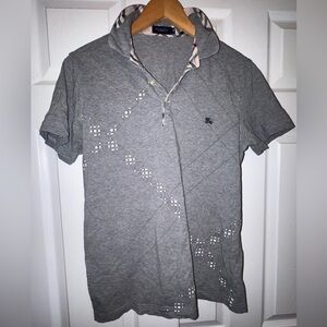 Burberry London Men’s Gray Polo Shirt Check Trim Logo Size M